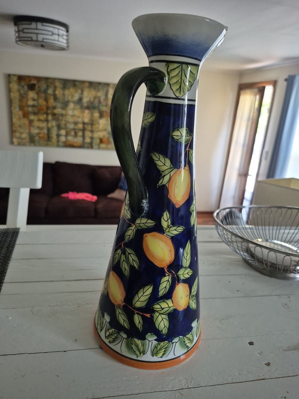 Italian- Hand-Painted Ceramic Lemon Pitcher Vase in Deep Blue
